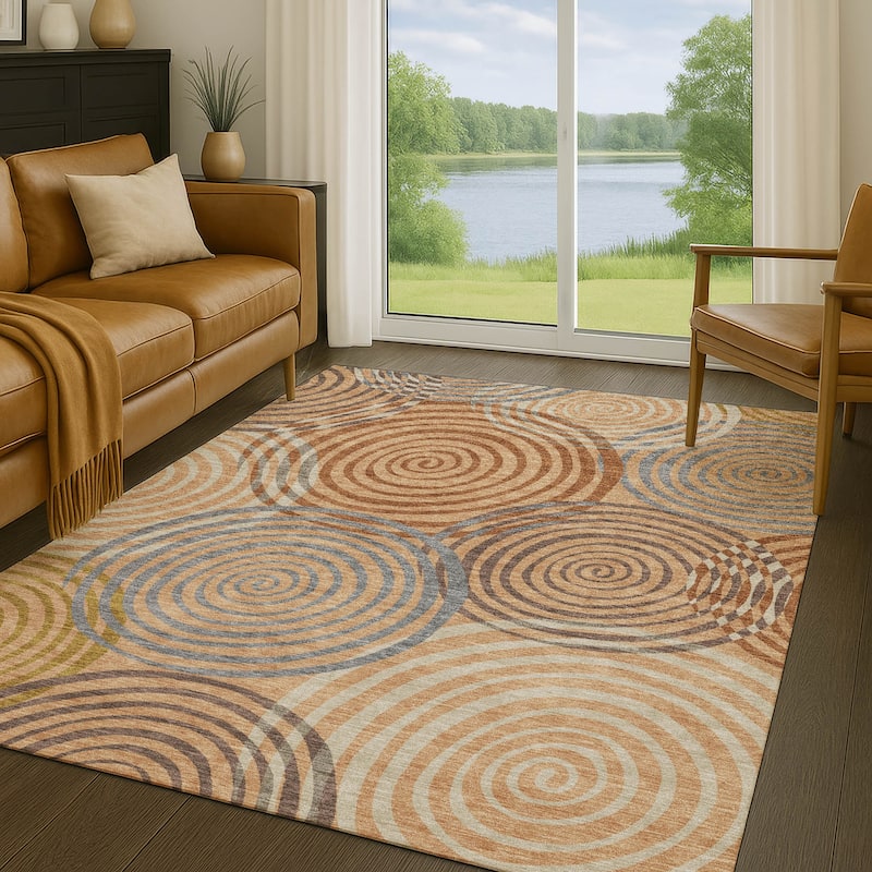 Machine Washable Indoor/ Outdoor Contemporary Swirls Chantille Rug