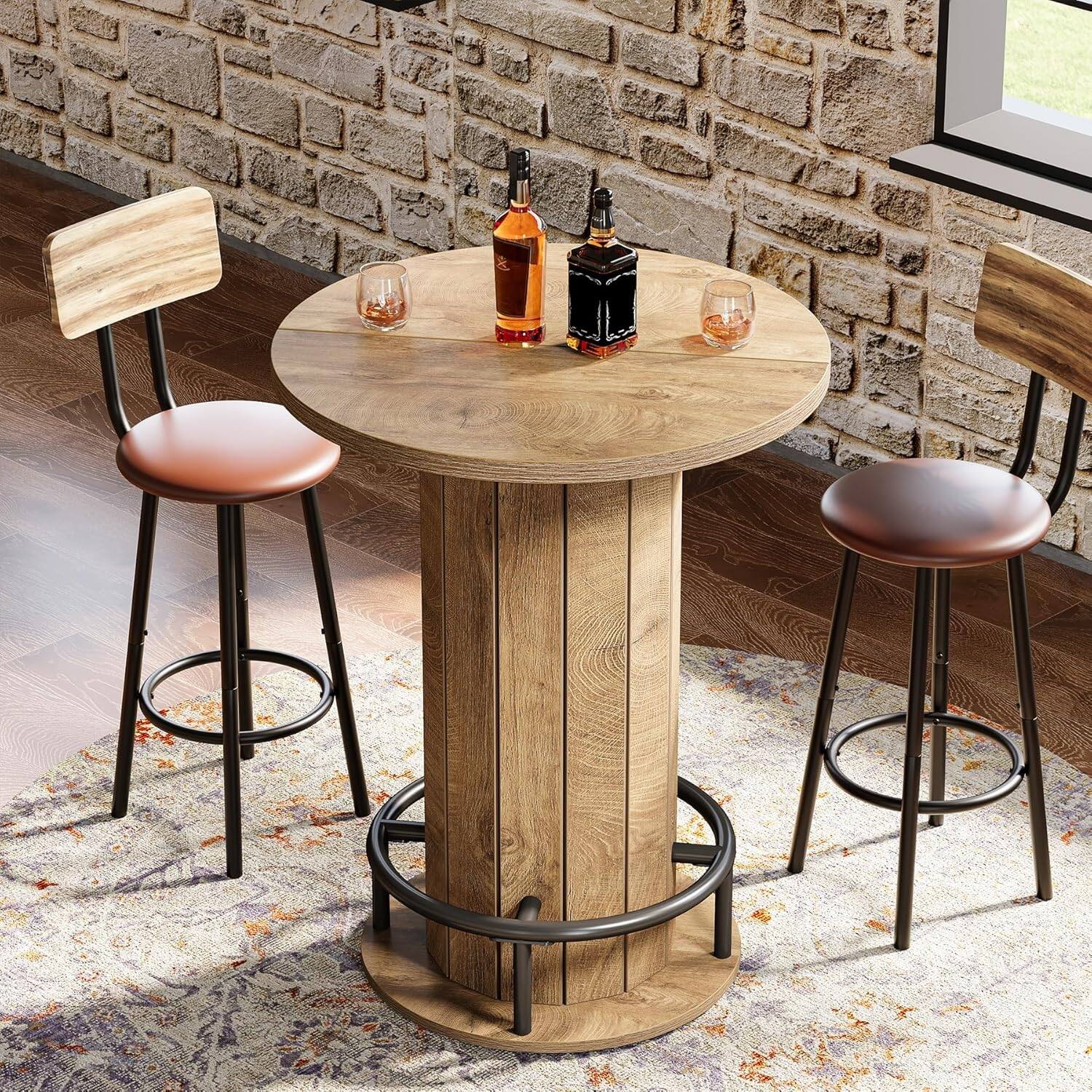 パブテーブル Round Bar Table, Wood Bistro Pub Table with Metal Ring Footrest