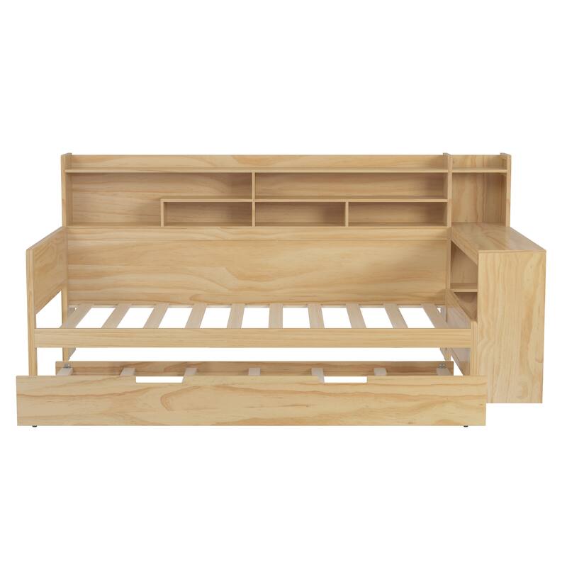 Space-Saving Twin/Full Size Daybed with Trundle and Study Desk, Wooden Platform Bed with Storage Shelves