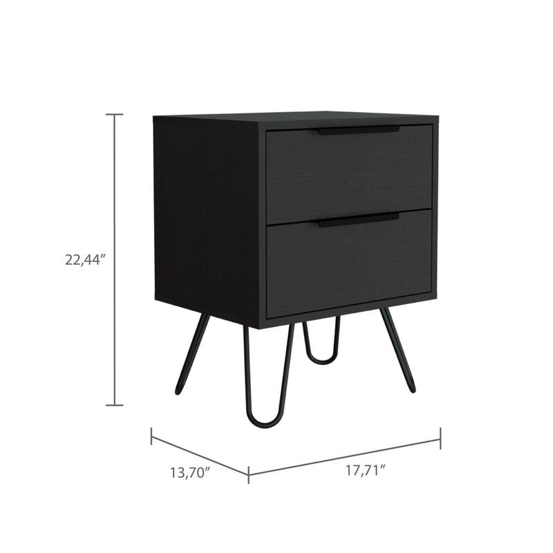Modern 2-Drawer Nightstand with Hairpin Legs, Black Finish, Compact and Functional Design