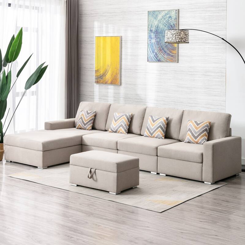 Linen Fabric 5 Piece Reversible Sofa Chaise with Interchangeable Legs, Storage Ottoman, and 4 Pillows in Beige