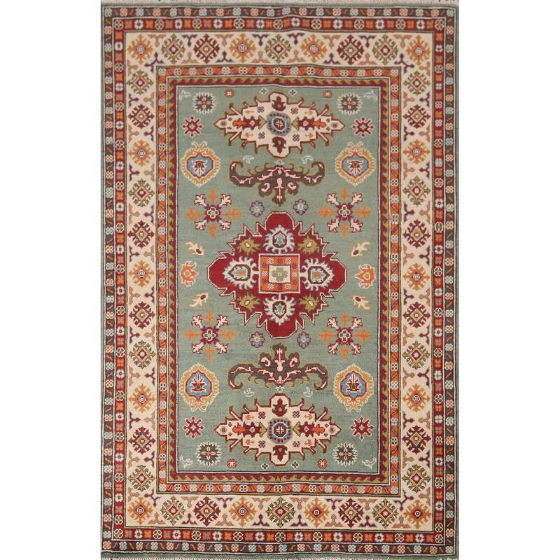 Hand Knotted Oriental 100% Wool Carpet Traditional Geometric Green Kazak Area Rug - 5' 10'' X 3' 11''