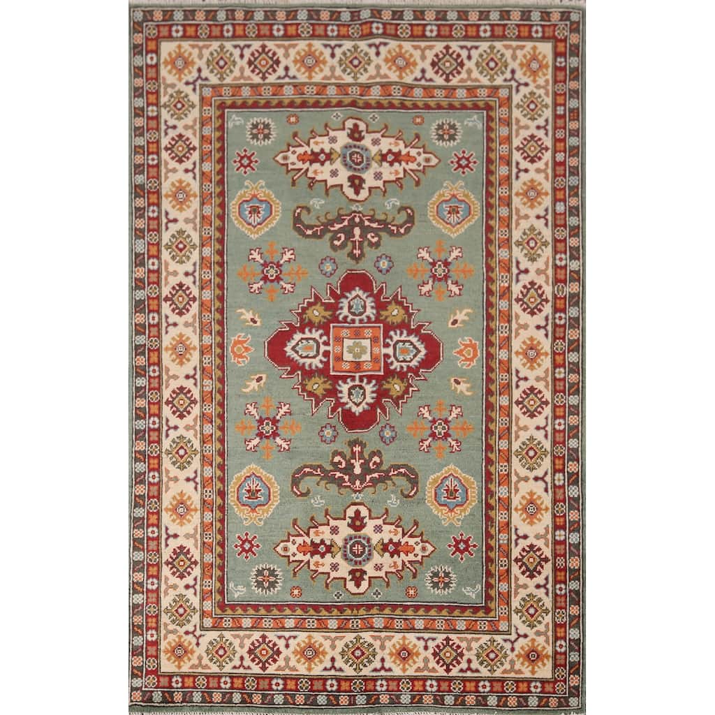 Hand Knotted Oriental 100% Wool Carpet Traditional Geometric Green Kazak Area Rug - 5' 10'' X 3' 11''
