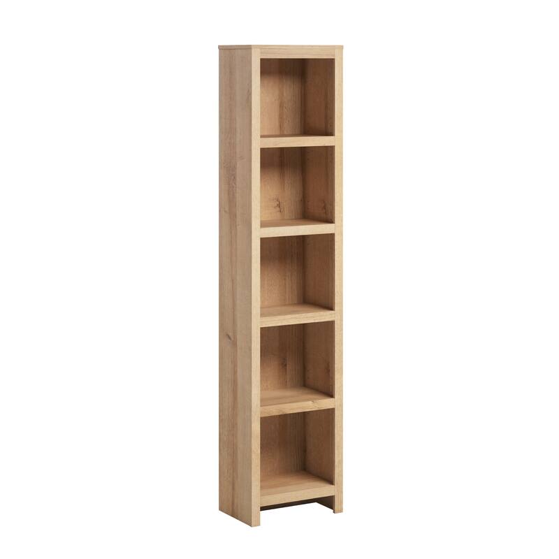 Prepac Moda 80" H 5-Tier Narrow Bookcase, Modern Storage Accent Bookshelf with 3 Adjustable Shelves for Home Office, Living Room - Natural Oak