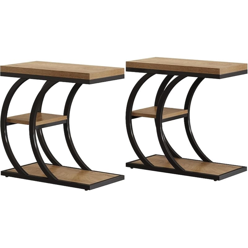 3-Tier Industrial Wood Couch C-Shaped End/Side Table for Living Room, Narrow Nightstand for Bedroom, Small Spaces