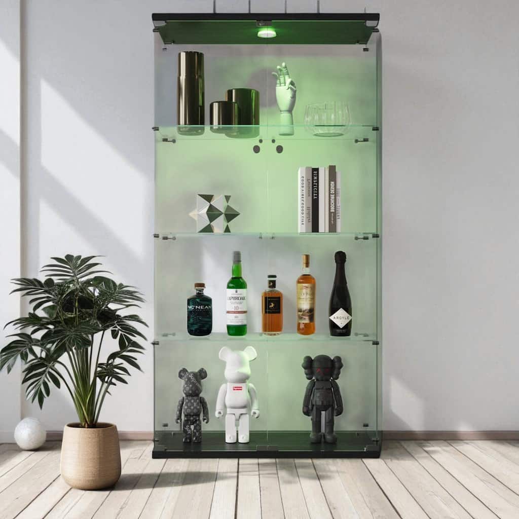 Lighted Two-Door Glass Display Cabinet with 4 Shelves, Tempered Glass and Security Lock