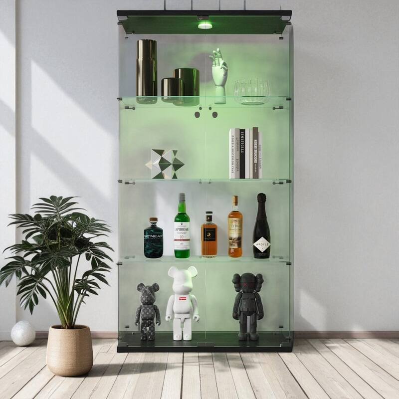 Lighted Two-Door Glass Display Cabinet with 4 Shelves, Tempered Glass and Security Lock - Black