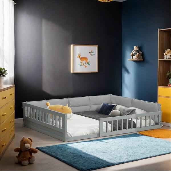 slide 2 of 18, Wood Full Size Upholstered Platform Bed with Guardrail and Pillow