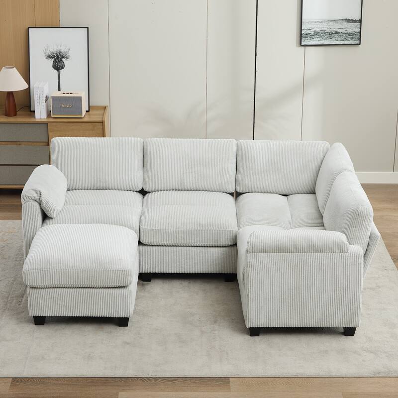5-Seater Corduroy Sectional Sofa, Removable Ottoman, Modular Design