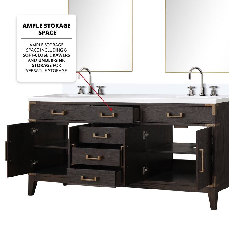 Laurel 60 in W x 22 in D Black Oak Double Bath Vanity, White Quartz Top, Faucet Set, and 28 in Mirrors