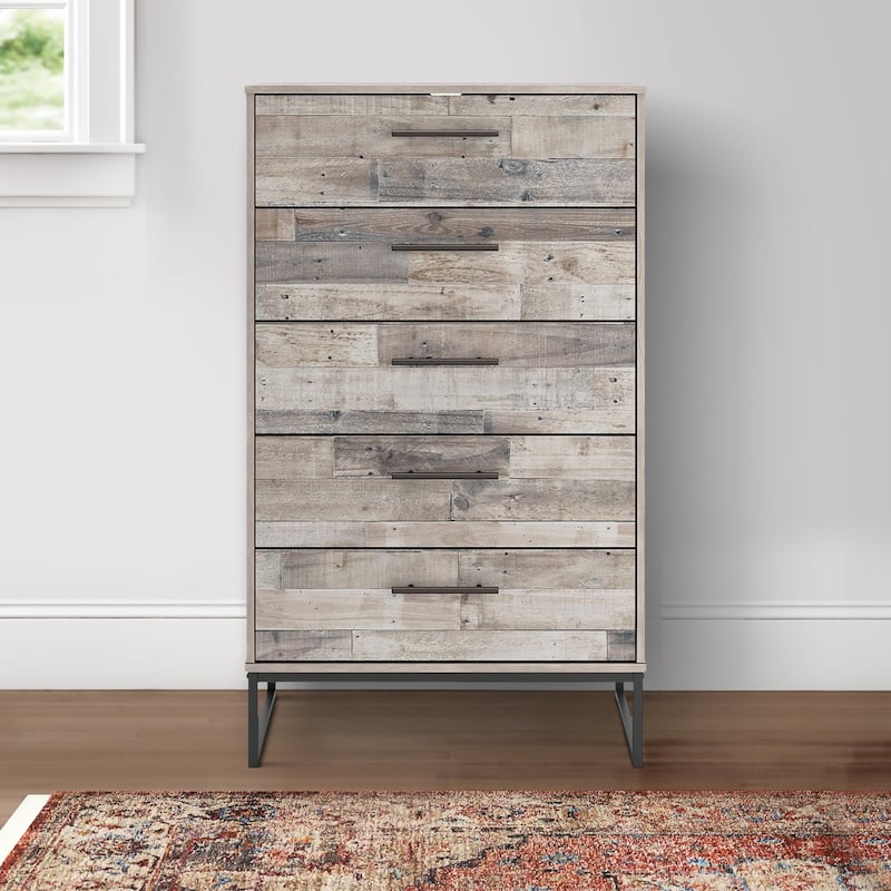 Vyne 51 Inch Tall Dresser Chest, 5 Drawers, White Woodblock, Black Metal