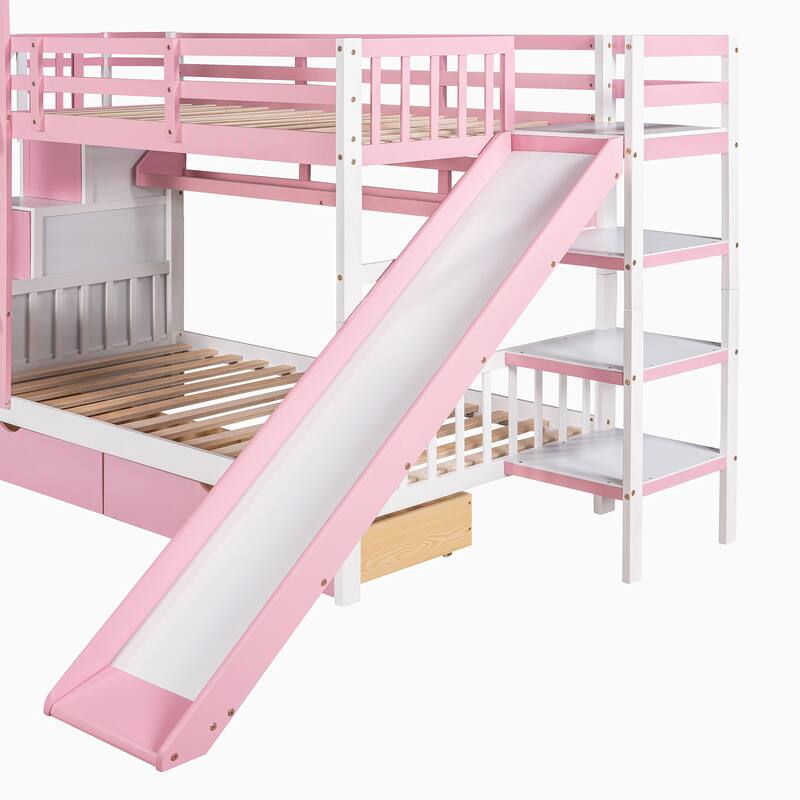 Twin-Over-Twin Wood Bunk Bed with Drawers, Shelves and Slide