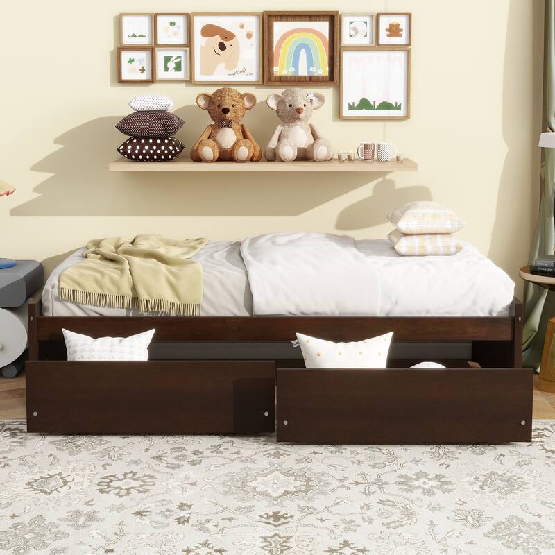 Twin Size Storage Bed with 2 Drawers Solid Rubber Wood Platform Bed, No Headboard