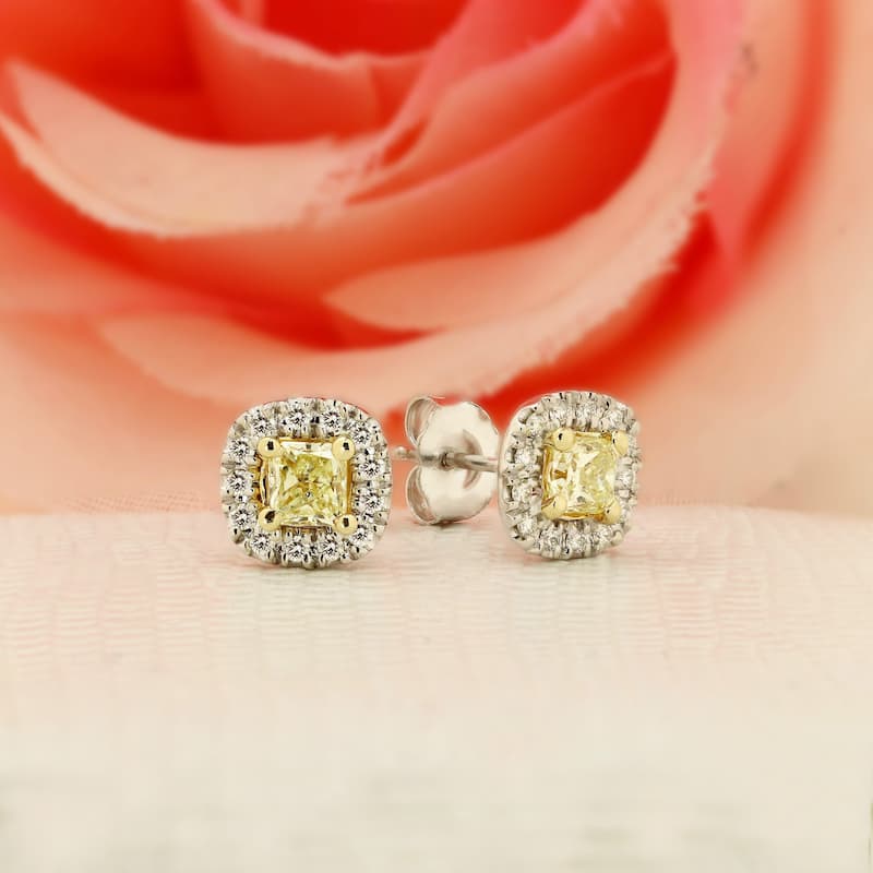 Auriya 3/4ctw Cushion-cut Yellow Diamond Halo Stud Earrings 14k Two-Tone Gold (SI1-SI2)