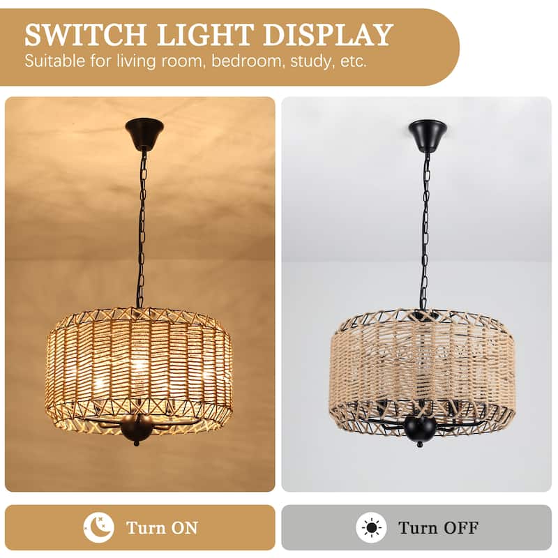 3-Light Classic Hanging Linear Chandelier Light Ceiling Light with Hemp Rope Shade for Kitchen Island