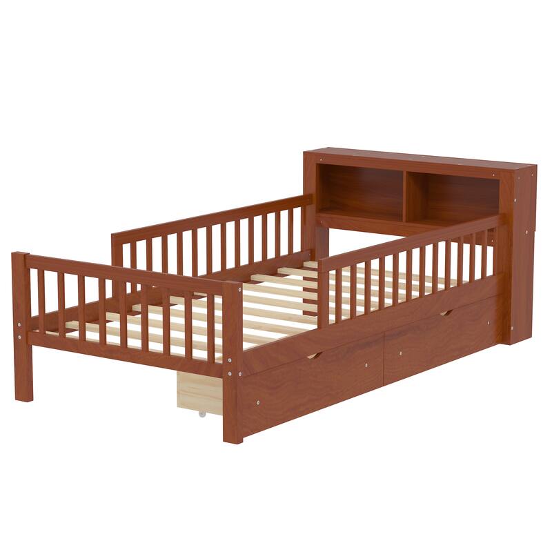 Twin Wood Storage Bed with 3-Side Guardrails, Underbed Drawers & Headboard Storage