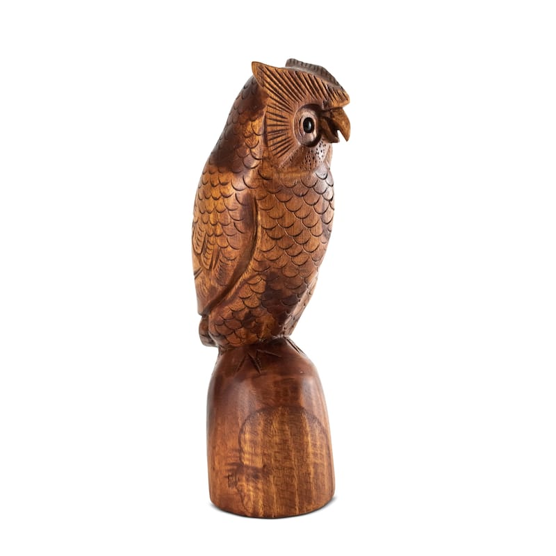 Wooden Handmade Owl Standing on a Tree Branch Statue Figurine Handcrafted Art Home Decor Hoot Sculpture Hand Carved Accent