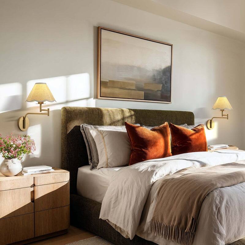 Rowabi Naia Rattan Sconce Metal, Raffia & Natural Beige, Gold 1-Light Handwoven Wall Sconce for Bedroom, Hallway in Modern Style