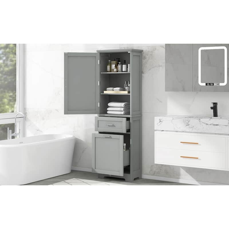 GDFStudio - Rowan Tall Freestanding Bathroom Storage Cabinet with Two-Sized Drawers and Adjustable Shelf