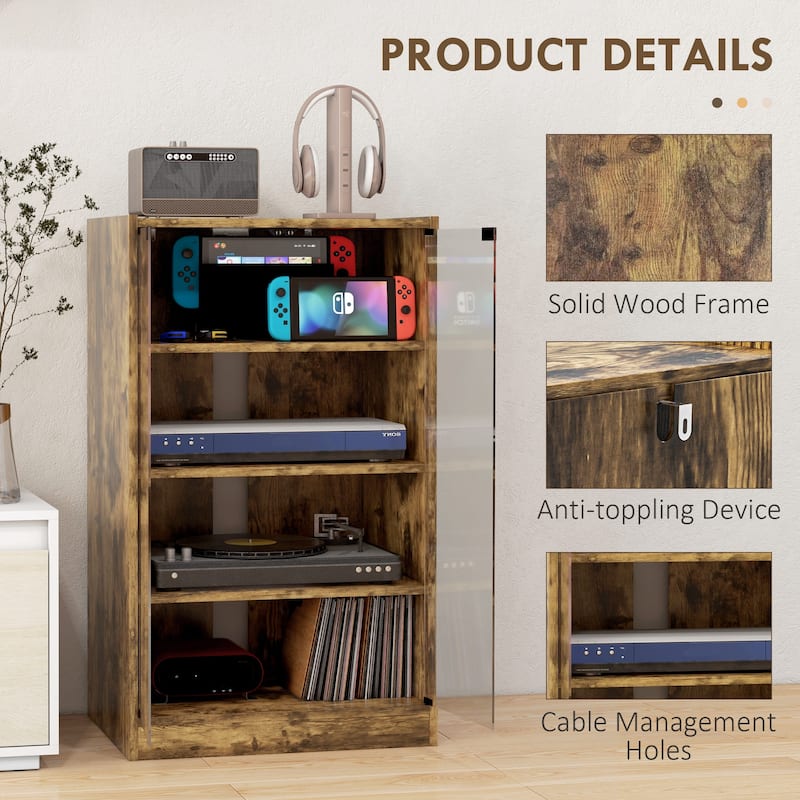HOMCOM Media Cabinet, 4-Tier Stereo Cabinet, Modern Audio Video Media Stand with Adjustable Shelves, Tempered Glass Doors