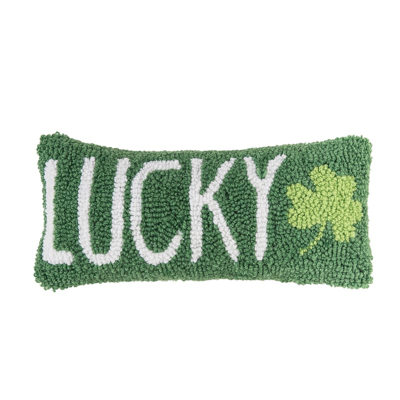 St. Patrick's Day "Lucky" 3 Leaf Clover Hooked Mini Accent Pillow 6" x 12"