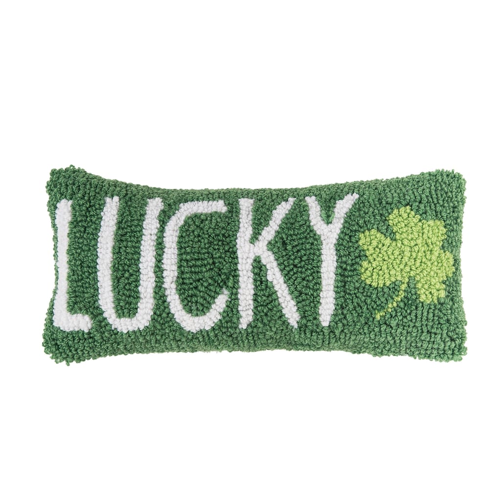 St. Patrick's Day "Lucky" 3 Leaf Clover Hooked Mini Accent Pillow 6" x 12"