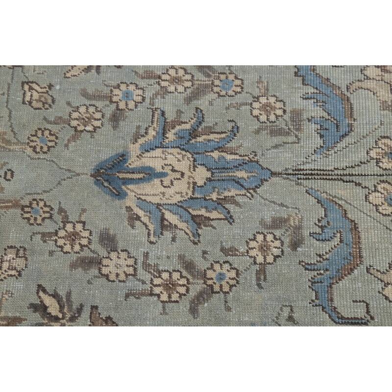 Blue Tabriz Persian Rug Hand-Knotted Distressed Floral Wool Carpet - 7'4"x 10'8"
