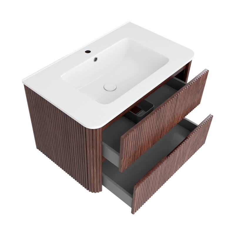 Wall-Mounted Bathroom Vanity in Walnut with Integrated White Ceramic Sink