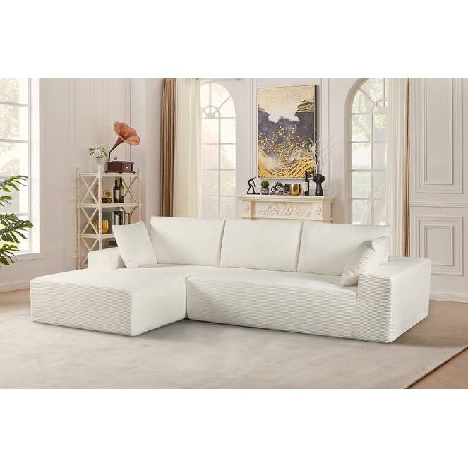 Modular Sleeper Sofa with Wide Armrest Corduroy L Shaped Sectional Couches for Living Room, No Assembly - Ivory - Left Facing
