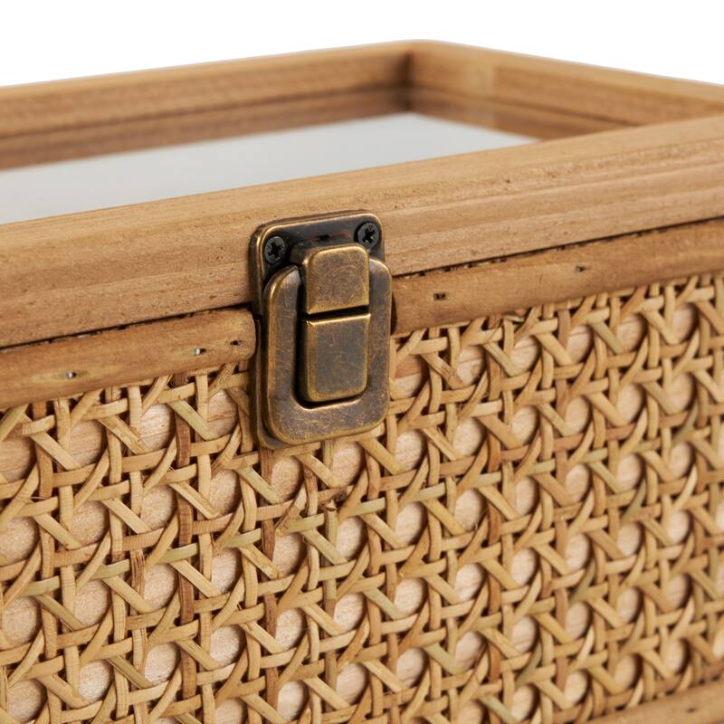Brown Rattan Handmade Woven Rattan Decorative Box with Glass Tops and Bronze Latches (Set of 2)