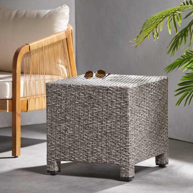 18" Modern Square Accent Table with Long-Lasting Woven Finish for Living Room - Black