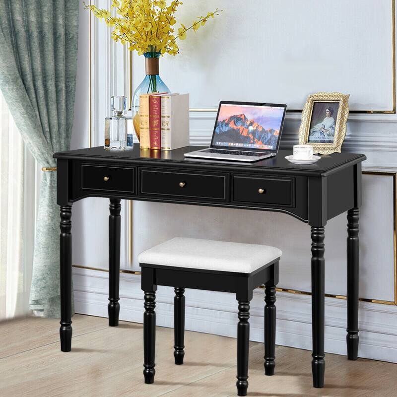 Gymax 7 Drawers Vanity Set Dressing Table w/ Tri-Folding Mirror Black