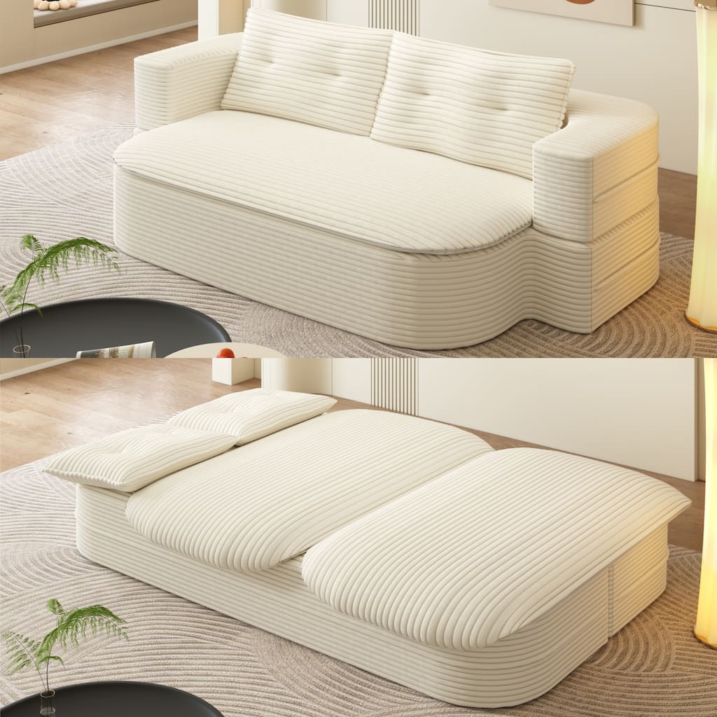 Modern Foldable Sofa with Convertible Blanket and Pillows, Plush Corduroy Fabric Sleeper Sofa Bed for Living Room or Bedroom