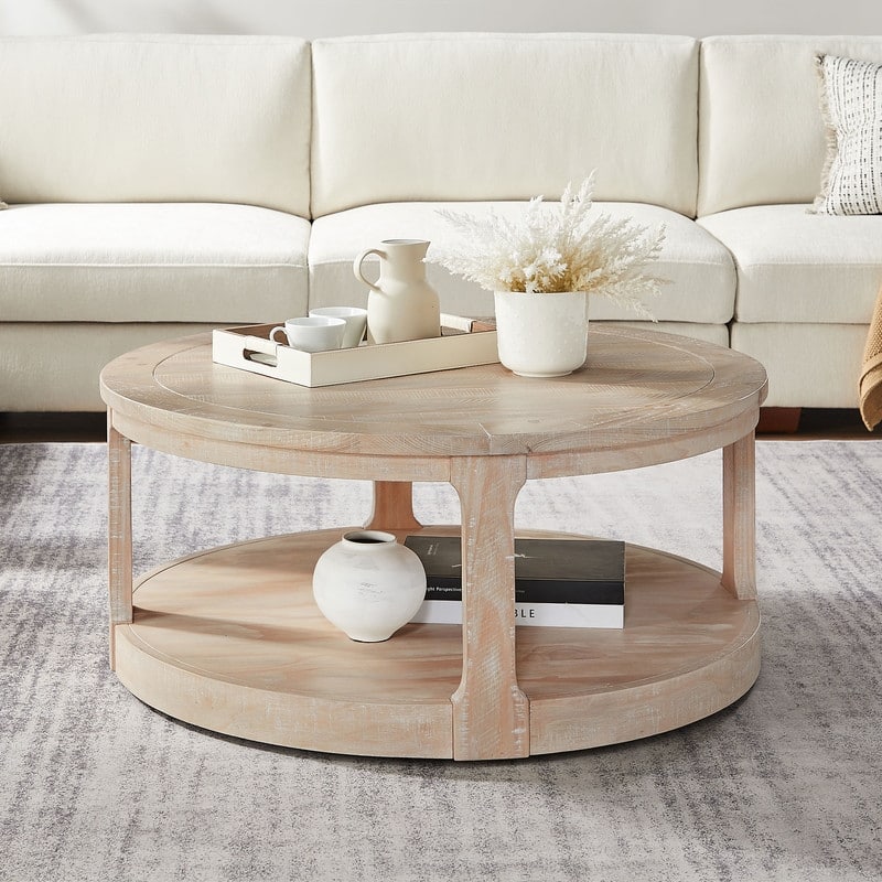 40" Large Curved Two-Tier Traditional Round Wooden Coffee Table with Wheels, Mid-Century Rustic Style