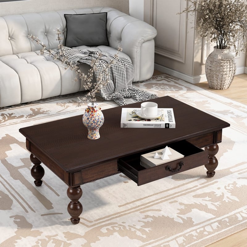 Rectangular 47" Wooden Coffee Table with Storage Drawer, Vintage Cocktail Table with Solid Wood Legs for Living Room Elegance