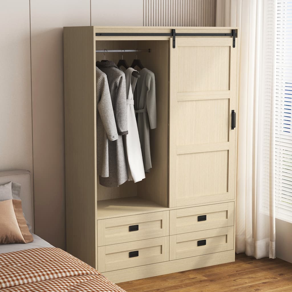 Natural Wood Tall Bedroom Armoire Wardrobe Storage Closet Clothing Storage Cabinet with Hanging Rod and Drawers