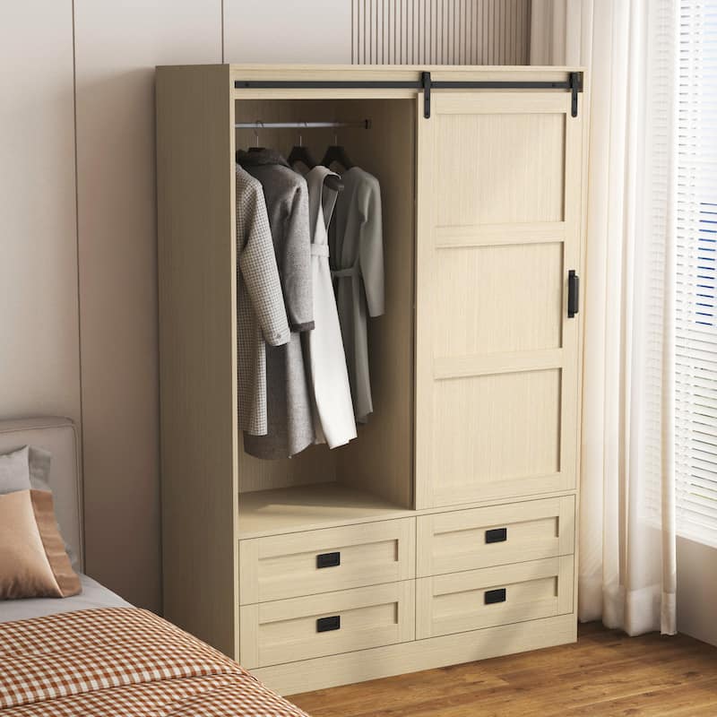 Natural Wood Tall Bedroom Armoire Wardrobe Storage Closet Clothing Storage Cabinet with Hanging Rod and Drawers - Wood