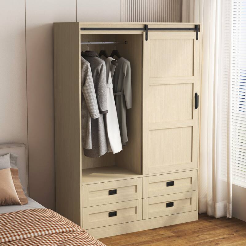 Premium Tall Bedroom Wardrobe with Sliding Barn Doors‌ – Features Hanging Rod, Drawers & Open Shelves for Versatile Storage -  Wood
