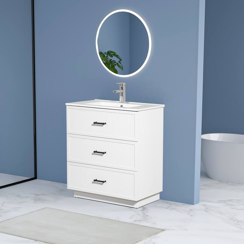 30" Freestanding Bathroom Vanity with Ceramic Sink and 2 Storage Drawers, Stylish Gray Floor Cabinet