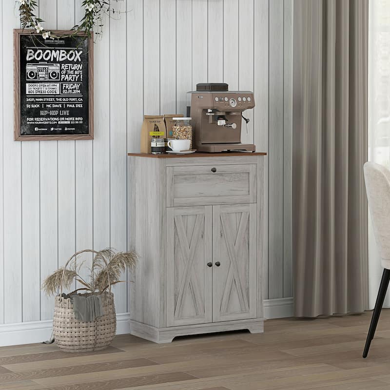 Farmhouse Barn Door Accent Cabinet, Kitchen Sideboard Storage Cabinet with Double Doors, Drawer, and Adjustable Shelf
