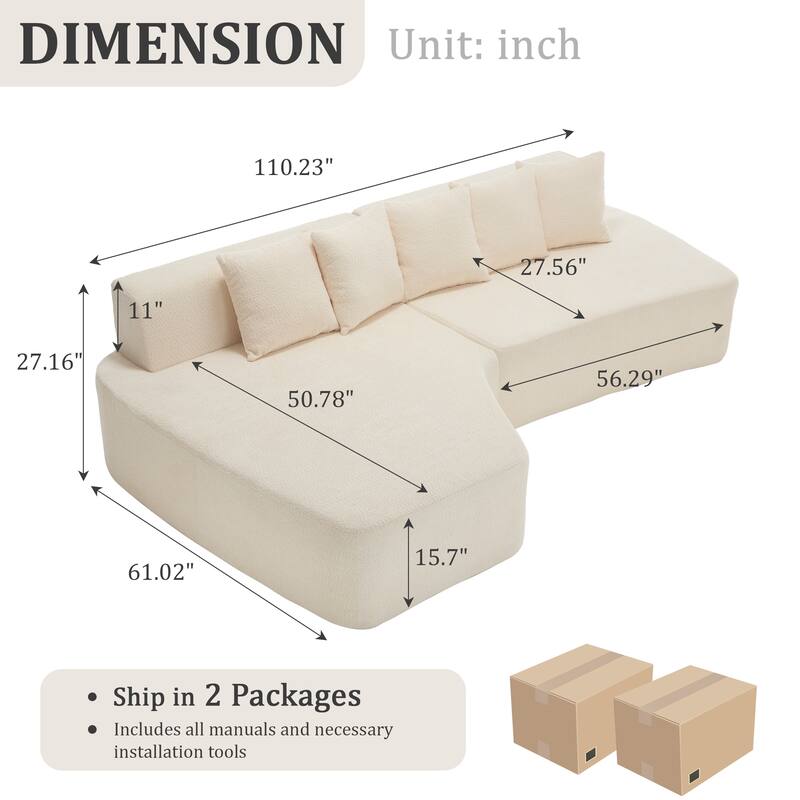 Irregular L-Shaped Modular Sectional Sofa with Chaise Lounge, Comfy Corduroy Deep Seat Cloud Couch, 3 Seat Sofa with 5 Pillows