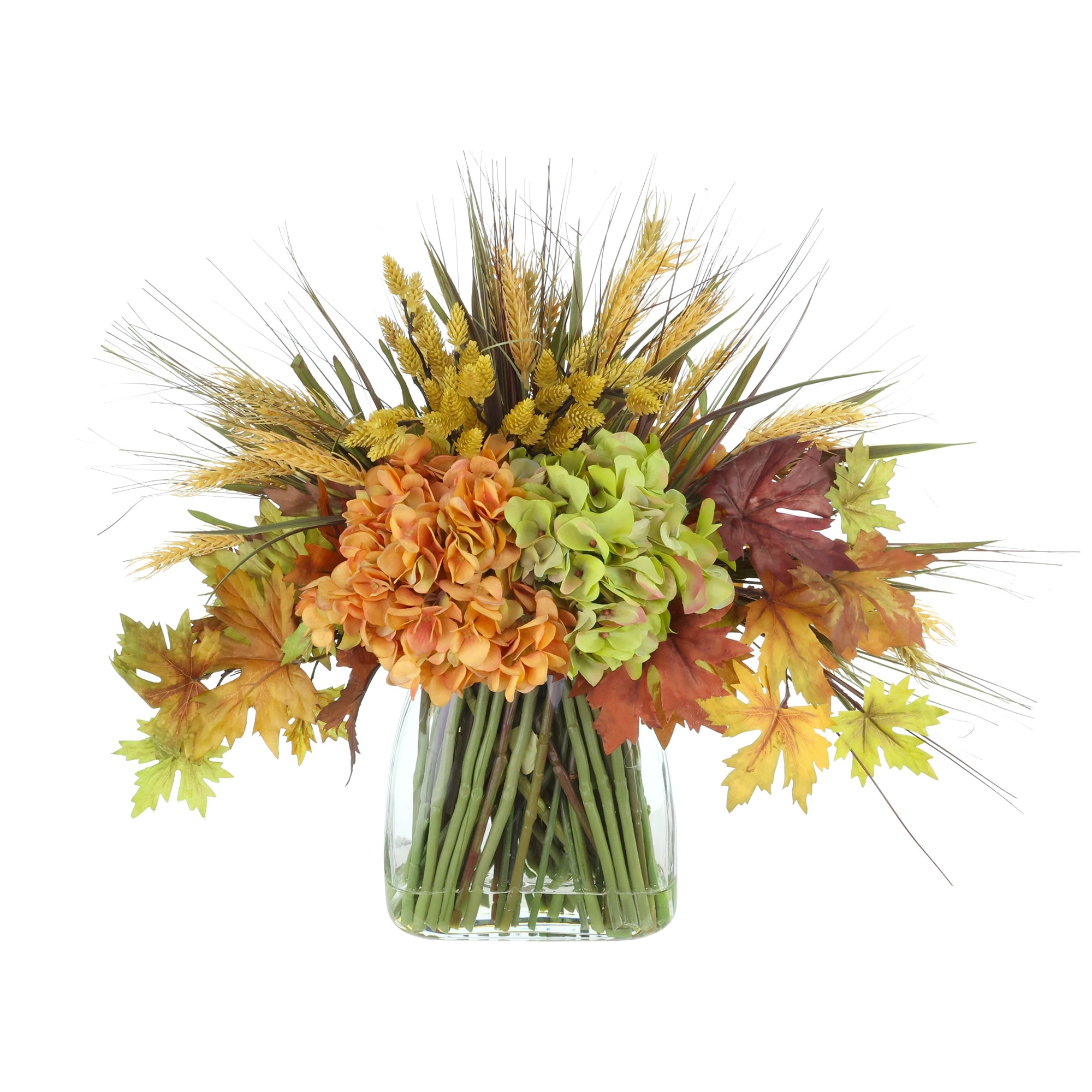 Fall Hydrangea and Wheat Arrangement in Glass Vase