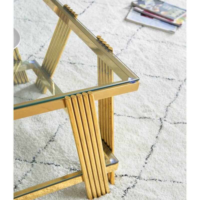 Modern Stainless Steel Coffee Table 2 Tier Tempered Glass Coffee Table with Storage Space, for Living Room, Silver