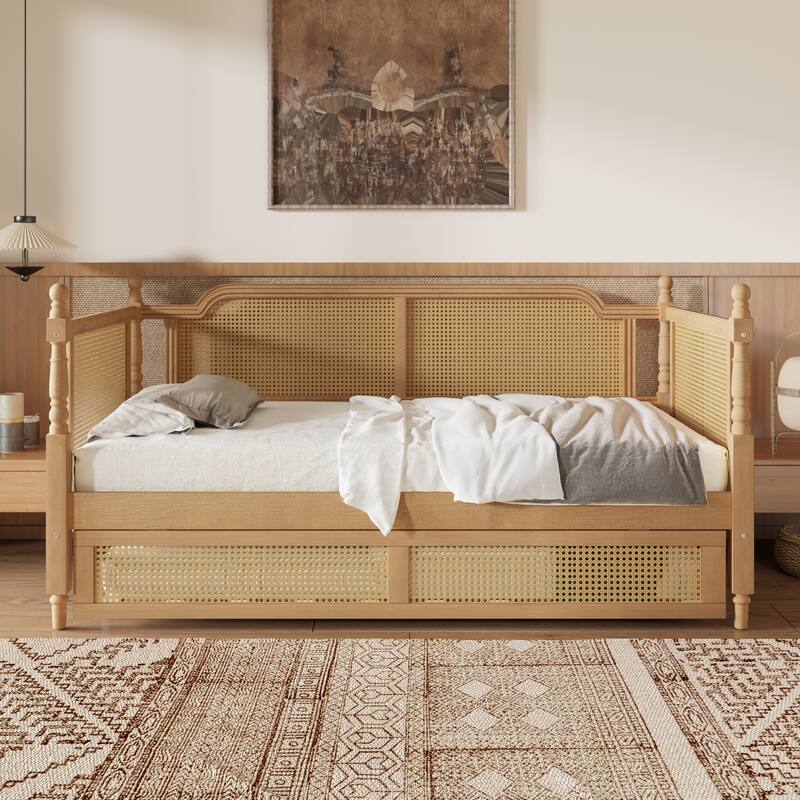 Traditional Rattan Daybed Sofa Bed Frame with Guardrail