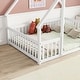preview thumbnail 4 of 10, White Full Size Pine Wood House-Shaped Floor Bed with Fence, Guardrails and Roof for Bedroom