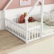 preview thumbnail 4 of 10, White Full Size Pine Wood House-Shaped Floor Bed with Fence and Roof