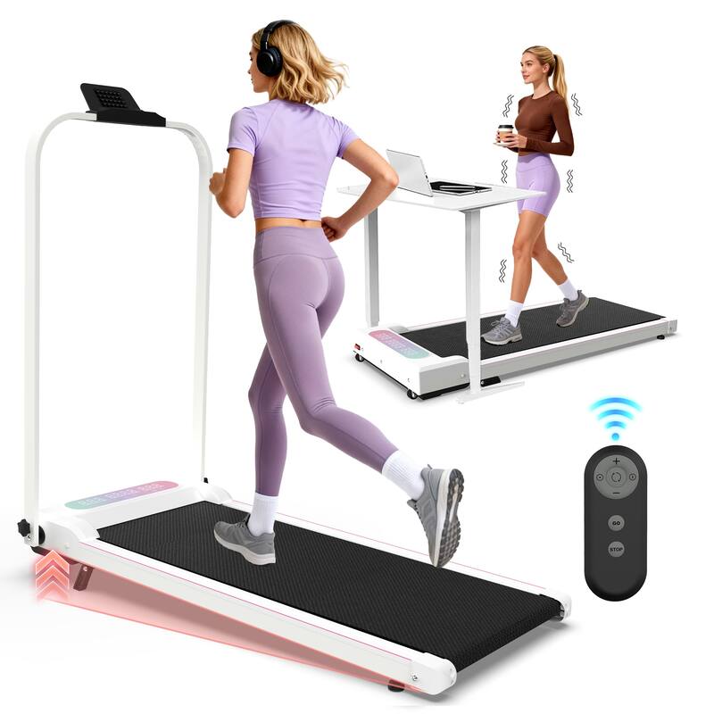 Foldable Treadmill with Handle Bar Incline, 2 in 1 Upgrade Portable Under Desk Walking Pad and Vibration Pad with Remote Control - White