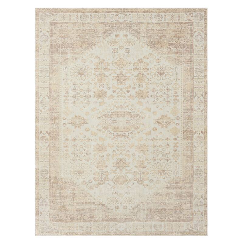 Sevita Beige Traditional Machine Washable Indoor Area Rug - 5'3 x 7'