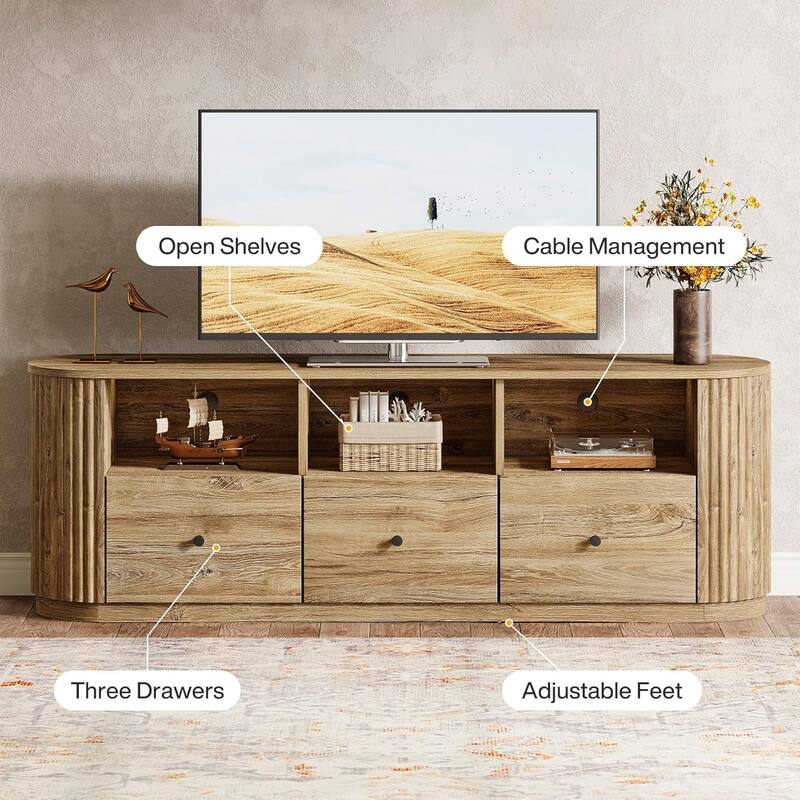 70.9" TV Stand for TVs up to 80", Curved Media Console with 3 Drawers