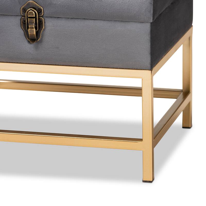Aliana Glam and Luxe Velvet and Gold Metal Small Storage Ottoman